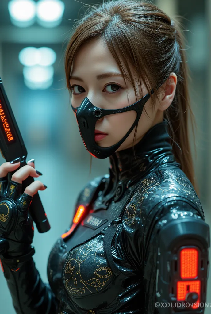 Best quality, ultra detailed face, realistic textured skin, perfect anatomy, perfect fingers, future, one girl, A tight-fitting, revealing exoskeleton suit, led, gas mask, holding blade, machinery, digital engraving, ultra-high resolution, absurdness, deep...