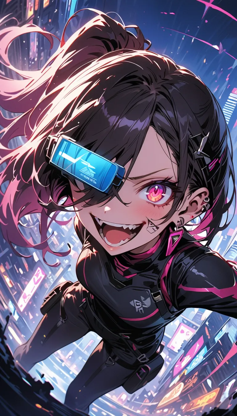 ( beautiful girl : 1.3),1 girl,(protective clothing,headband,earrings,Assault rifle,scouter),Purple Hair,side ponytail, Hair Over One Eye, with barcode tattoos on their cheeks, Crazy Smile ,Reckless attitude,Evil face,Provocative attitude, with sharp eyes ...