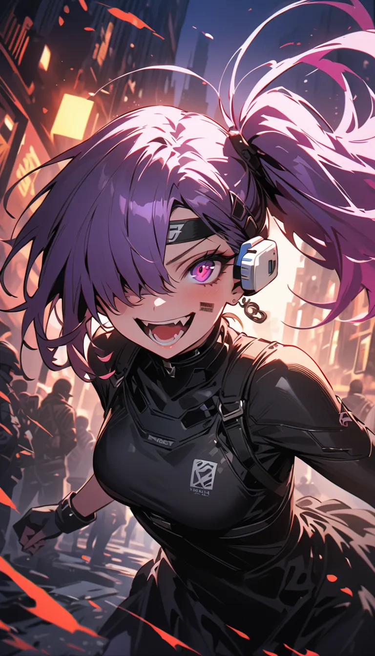 ( beautiful girl : 1.3),1 girl,(protective clothing,headband,earrings,Assault rifle,scouter),Purple Hair,side ponytail, Hair Over One Eye, with barcode tattoos on their cheeks, Crazy Smile ,Reckless attitude,Evil face,Provocative attitude, with sharp eyes ...