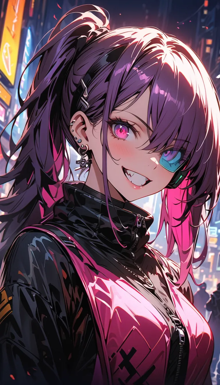 ( beautiful girl : 1.3),1 girl,(protective clothing,headband,earrings,Assault rifle,scouter),Purple Hair,side ponytail, Hair Over One Eye, with barcode tattoos on their cheeks, Crazy Smile ,Reckless attitude,Evil face,Provocative attitude, with sharp eyes ...