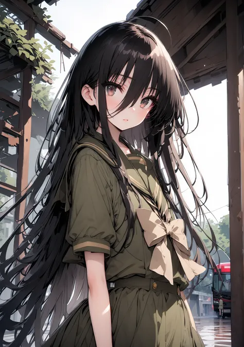 Shana, long hair,brown eyes, Alone, black hair, stupid hair, school uniform, serafuku, green serafuku, bow tie, green bow tie, green shirt, green sailor collar, Long Sleeve, green skirt, button, Long Sleeve, black thigh high socks,loafers,rain, clou...