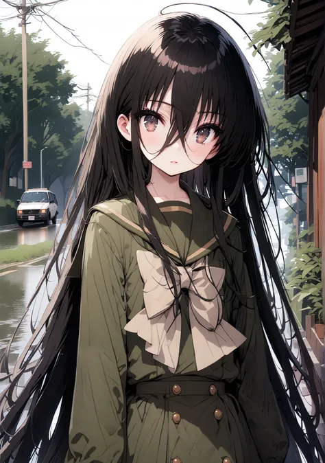 Shana, long hair,brown eyes, Alone, black hair, stupid hair, school uniform, serafuku, green serafuku, bow tie, green bow tie, green shirt, green sailor collar, Long Sleeve, green skirt, button, Long Sleeve, black thigh high socks,loafers,rain, clou...