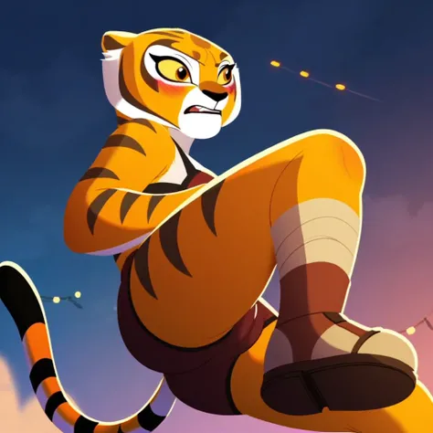 score_9, score_8_up, score_7_up, score_6_up, score_5_up, score_4_up, source_furry, tigresskfpv2, anthro, female, tigress, orange fur, amber eyes, yellow sclera, bra, embarrassed, red blush, leg wraps, sandals, solo, 1girl, outside, chinese beach background...