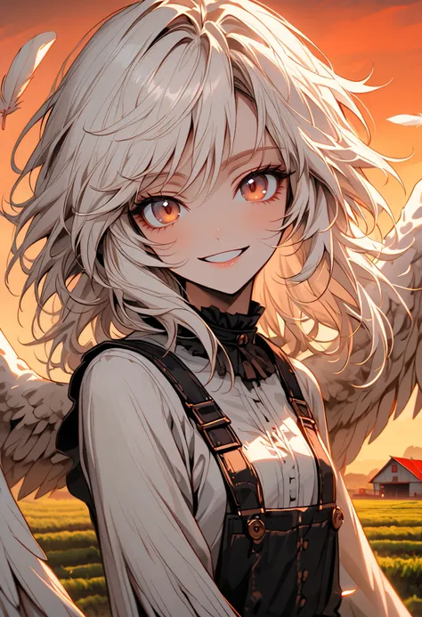 solo, female, farm, harpy girl, chicken girl, white feathers, long white hair, red rooster comb, dawn, simple clothes, overalls, wide smile, wing arms, midriff, cow looking at viewer, Victorian, feathered wings, close up, winged arms