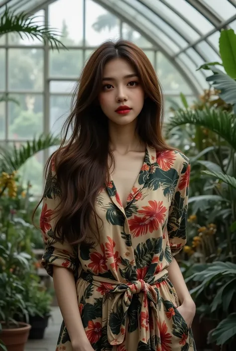 Brunette woman with bold red lips and smokey eyes in tropical print blouse, long flowing hair and natural curves, standing in a contemporary botanical greenhouse, creating an elegant and natural atmosphere, hyperrealistic style with crystal clear details, ...