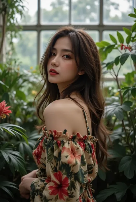 Brunette woman with bold red lips and smokey eyes in tropical print blouse, long flowing hair and natural curves, standing in a contemporary botanical greenhouse, creating an elegant and natural atmosphere, hyperrealistic style with crystal clear details, ...