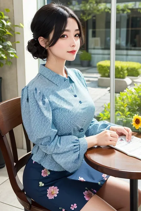 (High Definition), Lady, Japan Person, Cute, Black Hair Short, wearing Puff Sleeve Blouse blue, Flair Skirt, Flower Dot Print,Trad Style For Female,  Glance, At Hotel Garden Terrace Cafe, A Cup of Coffee & Some Books on a Table, Key Light, Spring Field win...