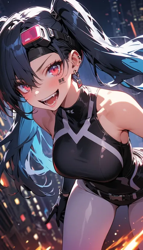 ( beautiful girl : 1.3),1 girl,( black competitive swimsuit,turtleneck,White leggings,headband,earrings,belt,harness,Long gloves, Bbo~,Assault rifle,scouter),Blue Hair,twin tails, Hair Over One Eye, with barcode tattoos on their cheeks, Crazy Smile ,Reckle...