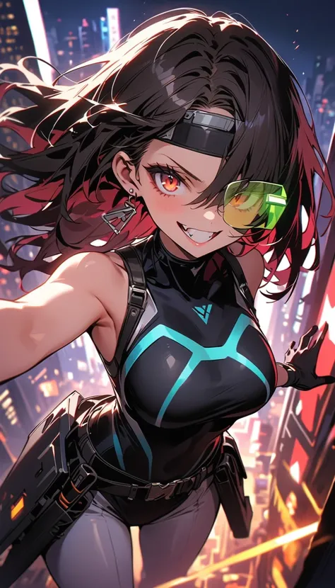 ( beautiful girl : 1.3),1 girl,( black competitive swimsuit,turtleneck,White leggings,headband,earrings,belt,harness,Long gloves, Bbo~,Assault rifle,scouter), Gold,wave hair, Hair Over One Eye, with barcode tattoos on their cheeks, Crazy Smile ,Reckless at...