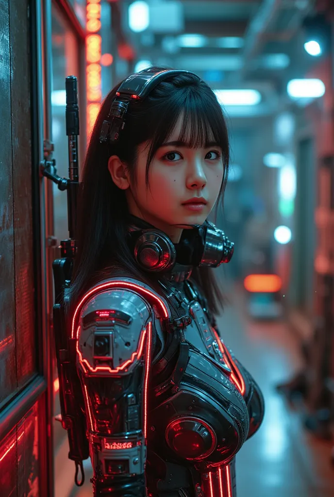 Best quality, ultra detailed face, realistic textured skin, perfect anatomy, perfect fingers, future, one girl, A tight-fitting, revealing exoskeleton suit, led, gas mask, holding blade, machinery, digital engraving, ultra-high resolution, absurdness, deep...