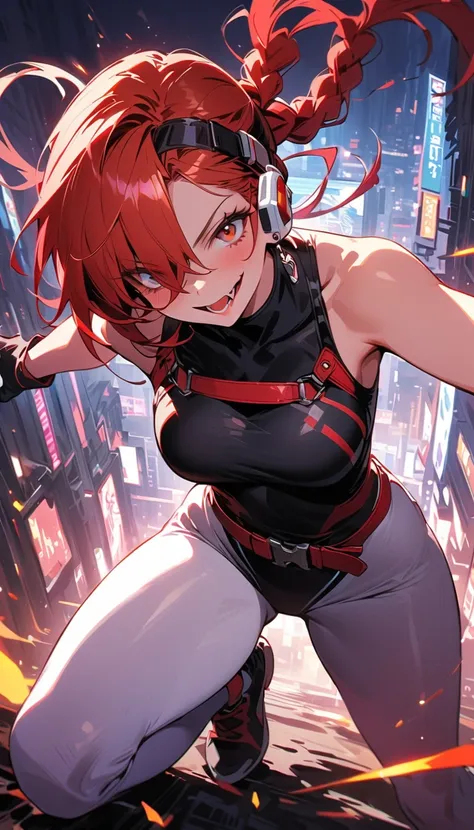 ( beautiful girl : 1.3),1 girl,( black competitive swimsuit,turtleneck,White leggings,headband,earrings,belt,harness,Long gloves, Bbo~,Assault rifle,scouter), red hair , braids, Hair Over One Eye, with barcode tattoos on their cheeks, Crazy Smile ,Reckless...