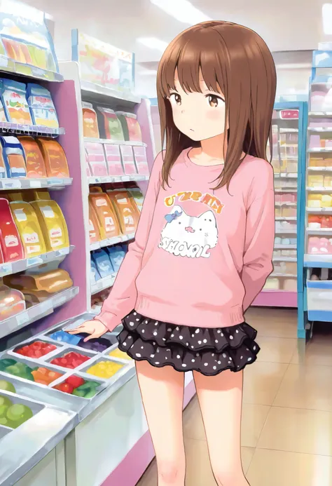 cute girl, 1girl, solo, brown hair, long hair, brown eyes, printed shirt, long sleeves, flared miniskirt, flat chest, standing in toy store, ultra detailed, highres, general, masterpiece, best quality, amazing quality, very aesthetic, absurdres, newest,
