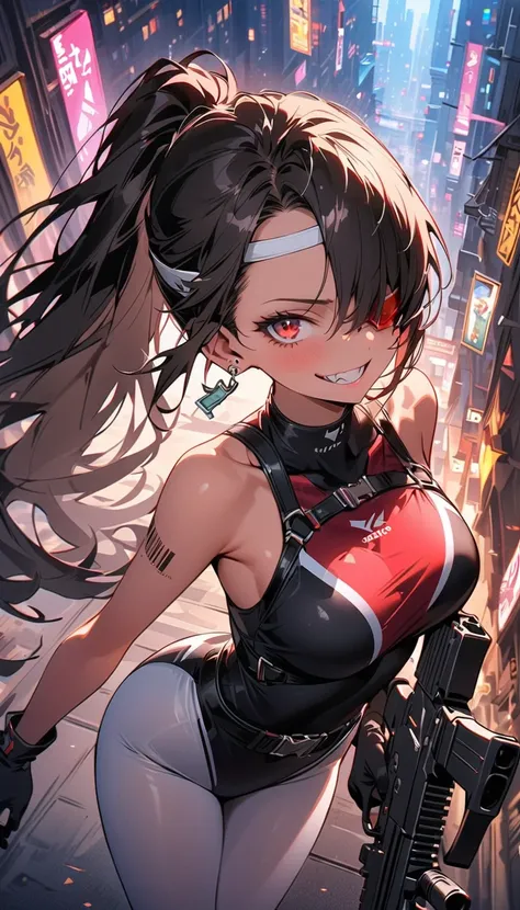 ( beautiful girl : 1.3),1 girl,( black competitive swimsuit,turtleneck,White leggings,headband,earrings,belt,harness,Long gloves, Bbo~,Assault rifle,scouter), black hair,ponytail, Hair Over One Eye, with barcode tattoos on their cheeks, Crazy Smile ,Reckle...