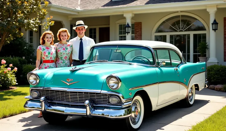 1950 photograph, A gleaming 1957 car, its chrome accents catching the sunlight, stands proudly in the driveway, painted in two vibrant shades of turquoise and white. A beaming 1950s family, dressed in 1950s fashion, their hair styled with 1950s hairspray, ...