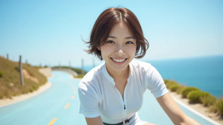 front view of a Japanese woman in her 20s, natural brown hair color, short, shaggy, wearing white cycling clothes

She climbs a hill on her bike,
is smiling,

A long long slope with a view of the ocean,
 bright sunlight, blue sky, blue floor,

The backgrou...