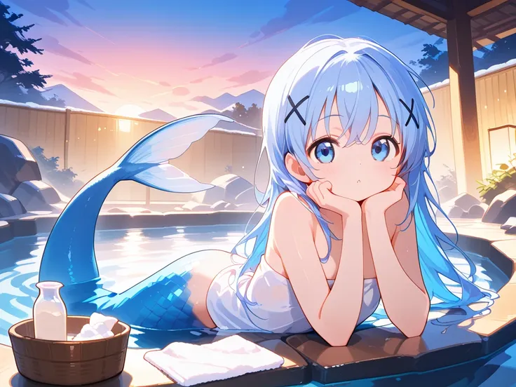 1girl, blue eyes, chino_kafu, periwinkle colored hair, tiny, cute, innocent, long hair, hair ornament, blue hair, dynamic pose, mermaid, light blue tail, lay on, arms rest, submerged, water surface, water ripple, water, onsen, hotspring, sakura, dusk, even...