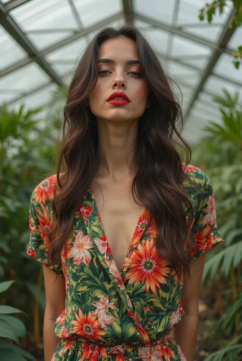 Brunette woman with bold red lips and smokey eyes in tropical print blouse, long flowing hair and natural curves, standing in a contemporary botanical greenhouse, creating an elegant and natural atmosphere, hyperrealistic style with crystal clear details, ...