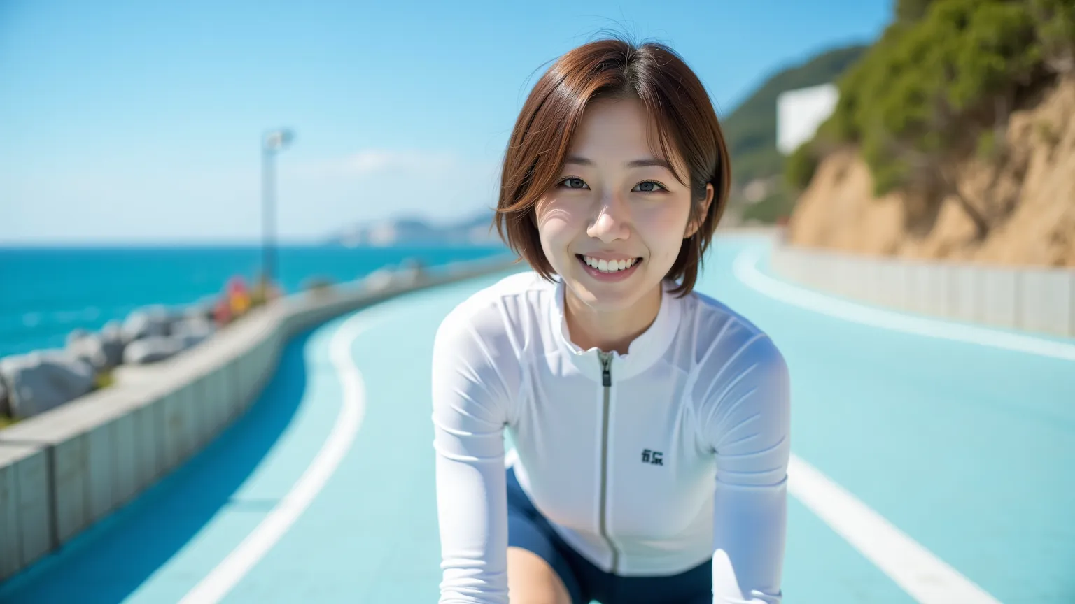 front view of a Japanese woman in her 20s, natural brown hair color, short, shaggy, wearing white cycling clothes, I'm wearing dark blue cycle spats,It's hot and I'm taking down the zipper on my chest,

She rides up the hill on her bike,
is smiling,

Long ...