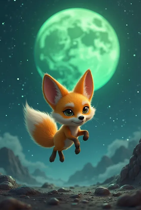 Fennec of rocket league flouting a dark blue planet with a green sun in the back