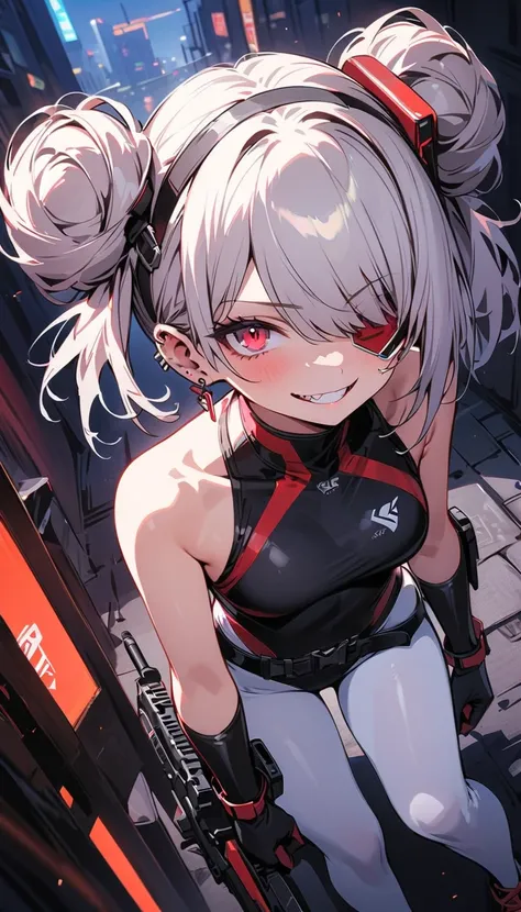 ( beautiful girl : 1.3),1 girl,( black competitive swimsuit,turtleneck,White leggings,headband,earrings,belt,harness,Long gloves, Bbo~,Assault rifle,scouter), Silver Hair, with bun hair , Hair Over One Eye, with barcode tattoos on their cheeks, Crazy Smile...