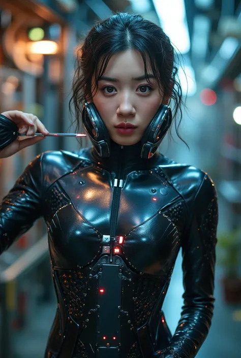 Best quality, ultra detailed face, realistic textured skin, perfect anatomy, perfect fingers, future, one girl, A tight-fitting, revealing exoskeleton suit, led, gas mask, holding blade, machinery, digital engraving, ultra-high resolution, absurdness, deep...