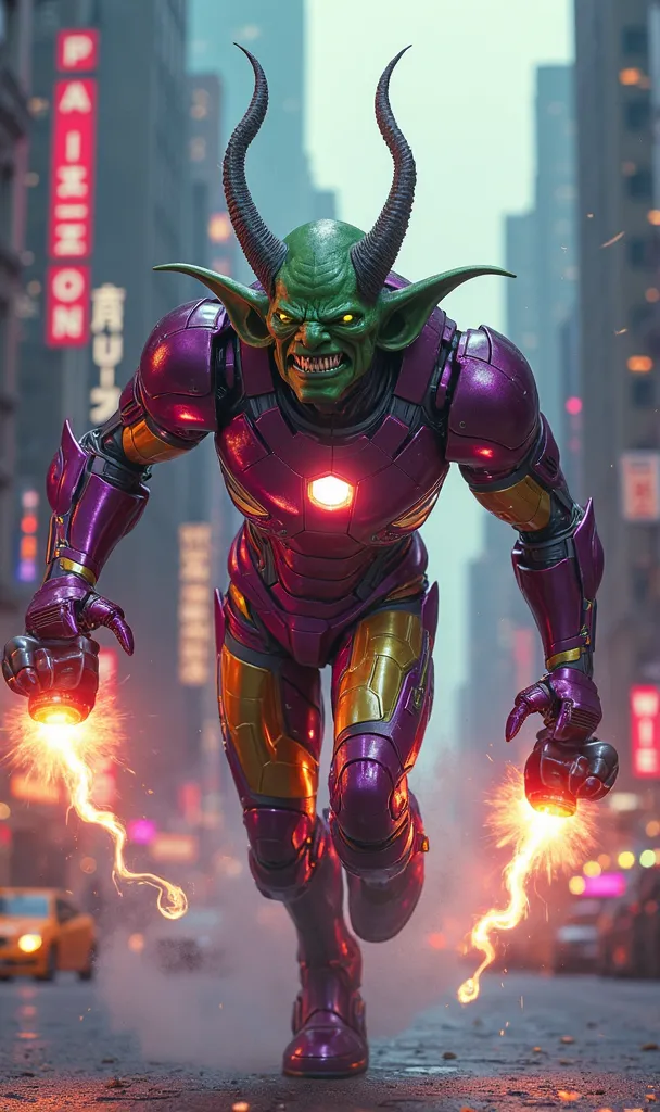 IRON MAN WEARING A GREEN GOBLIN OUTFIT. GOBLIN EARS. PURPLE IRON MAN SUIT. RUNNING 
Throwing goblin bombs. New York City background in Technicolor. 4k HD highest definition possible?