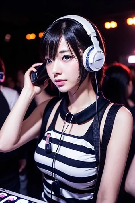 japanese woman,  dj, with headphone, in the club, cyber punk, kawaii, ((very short cut:1.2)), crowds around, 