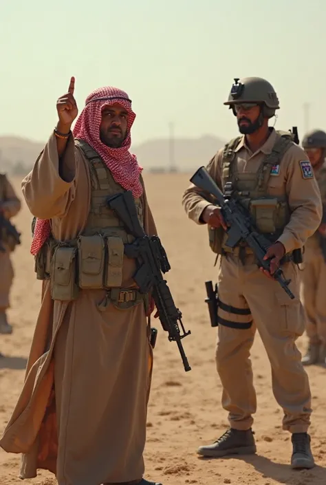 I want a picture where the police (special forces) they are standing with rifles and are pointed at a Muslim wearing Islamic clothing (galabia) and on the head that this person has a red Arabic scarf, and yes he raised one finger in front of that police in...