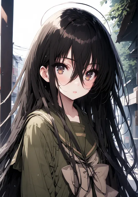 Shana, long hair,brown eyes, Alone, black hair, stupid hair, school uniform, serafuku, green serafuku, bow tie, green bow tie, green shirt, green sailor collar, Long Sleeve, green skirt, button, Long Sleeve, black thigh high socks,loafers,rain, clou...