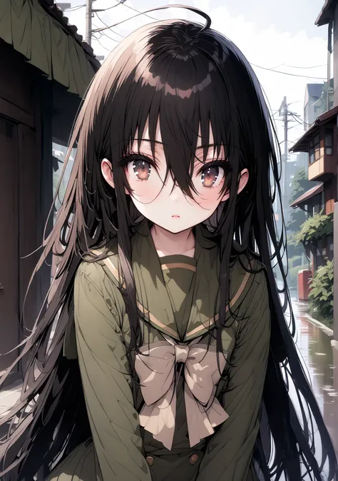 Shana, long hair,brown eyes, Alone, black hair, stupid hair, school uniform, serafuku, green serafuku, bow tie, green bow tie, green shirt, green sailor collar, Long Sleeve, green skirt, button, Long Sleeve, black thigh high socks,loafers,rain, clou...