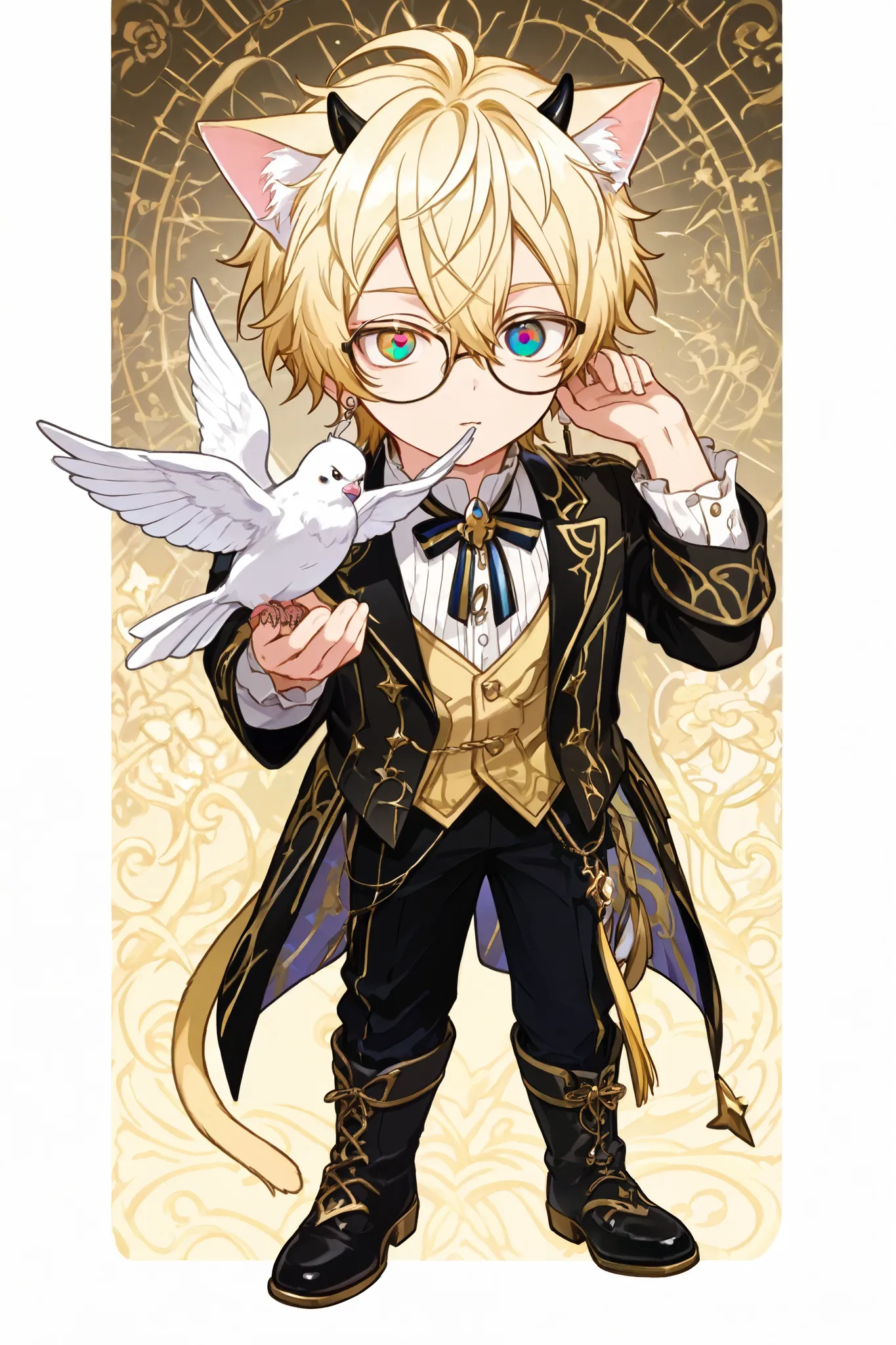  boy, 18 years old, blonde, small black horns, glasses, 2-color eyes, white dove, Cat ears for short blonde, white earring, full body 