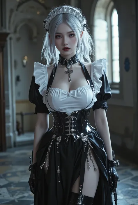 Young Cyborg Beauty ,( black and white gothic maid outfit, long skirt with low skin exposure, corsets , black tights, Black Boots ),( Silver Hair, Shoulder-length hair in images , purple eyes, half-closed eyes , unusual suspicious feelings:1.3,Black...