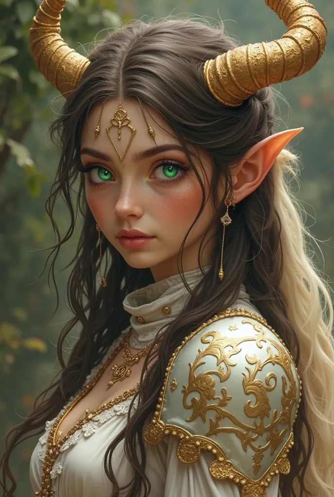 It’s hair was dark brown and long like mine with it some blonde strands in the front. It's amber skin was scratched in and its horns were sword-sharp. She had glowing emerald eyes and whimsical armor/dress made of white silk and gold.