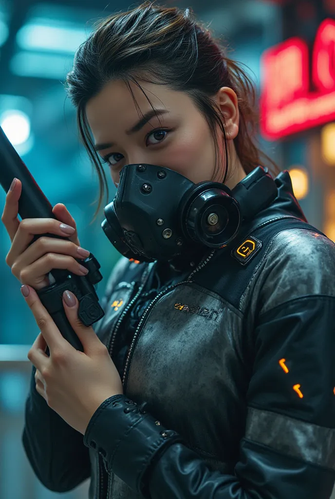 Best quality, ultra detailed face, realistic textured skin, perfect anatomy, perfect fingers, future, one girl, A tight-fitting, revealing exoskeleton suit, led, gas mask, holding blade, machinery, digital engraving, ultra-high resolution, absurdness, deep...