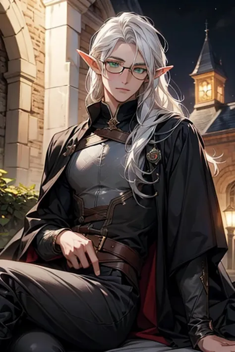 Male elf, long white hair, with round glasses, green eyes, adventuer, black mage fantasy outfit, fantasy, night, medieval village, traveler, femboy, one person, laying down, Dark outfit, sexy, solo, without armor