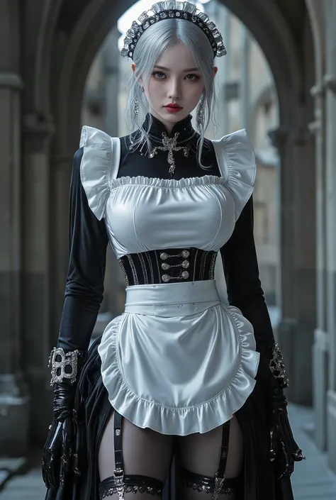 Young Cyborg Beauty ,( black and white gothic maid outfit, long skirt with low skin exposure, corsets , black tights, Black Boots ),( Silver Hair, Shoulder-length hair in images , purple eyes, half-closed eyes , unusual suspicious feelings:1.3,Black...