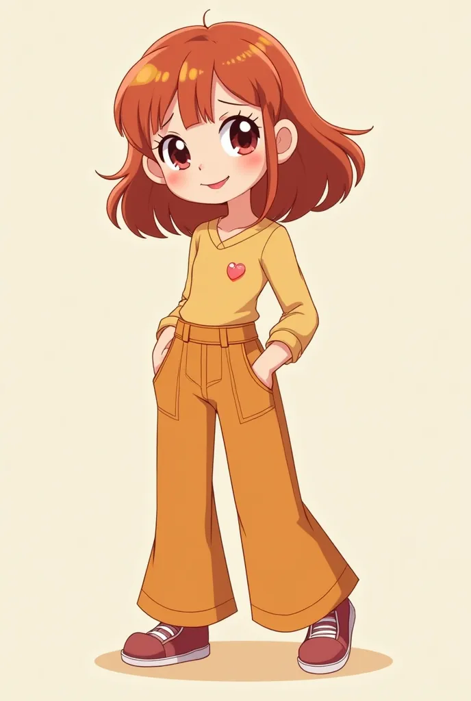 You have a girl with short shoulder-length hair color between orange and brown nice body a happy and attractive wide-leg chibi style top pants 