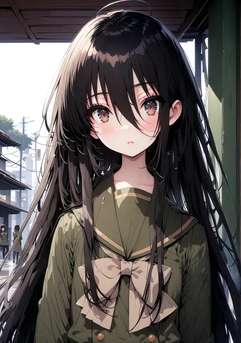Shana, long hair,brown eyes, Alone, black hair, stupid hair, school uniform, serafuku, green serafuku, bow tie, green bow tie, green shirt, green sailor collar, Long Sleeve, green skirt, button, Long Sleeve, black thigh high socks,loafers,rain, clou...