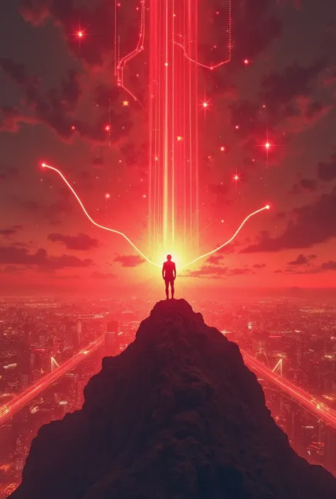 A powerful scene of a person standing on the edge of a glowing red mountain peak, overlooking a vast, futuristic cityscape illuminated by sweeping red lights. The person's posture exudes confidence and triumph, with abstract symbols of success—like floatin...