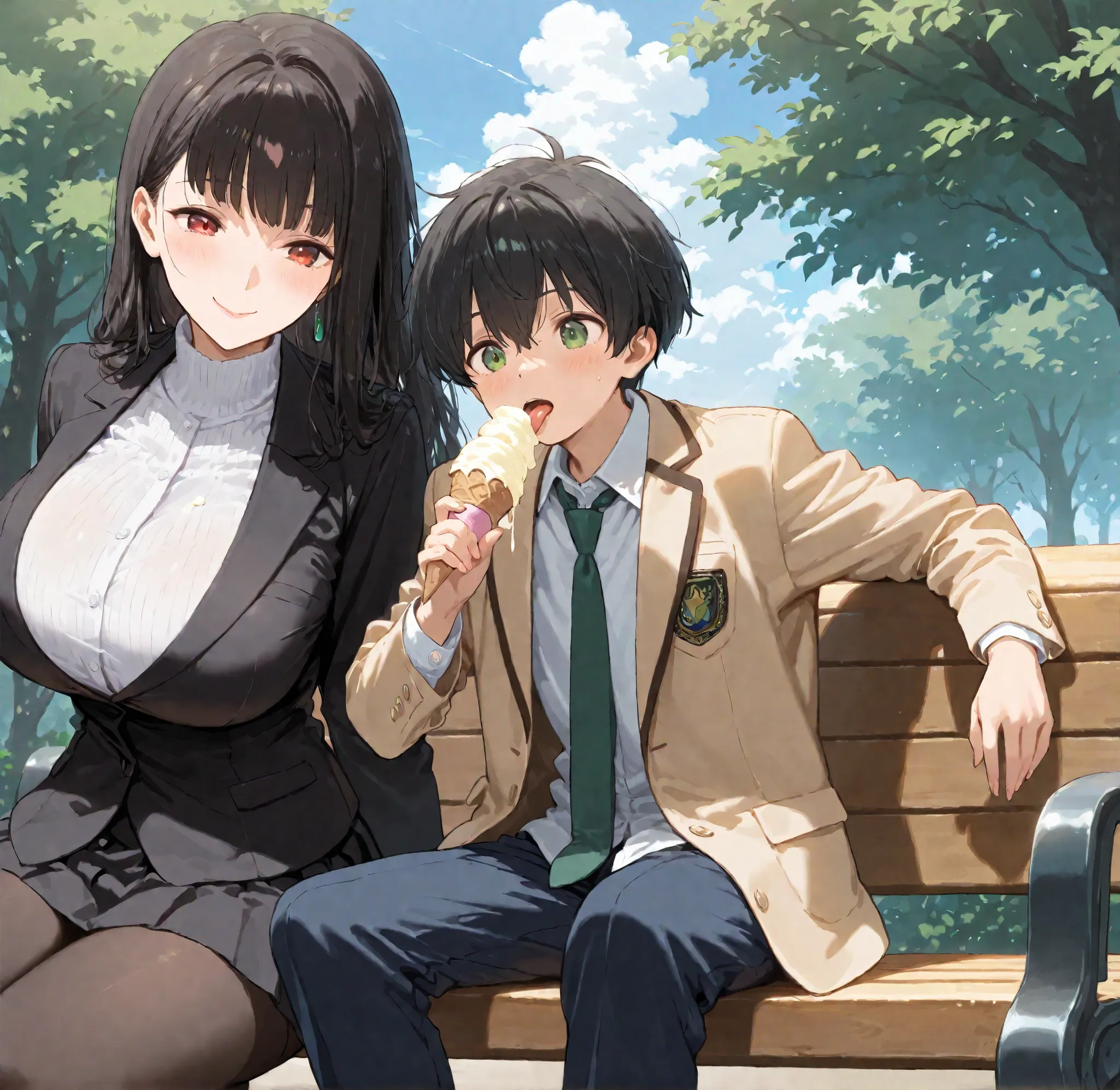 Hd, masterpiece, best quality, highres,2d, anime, 1boy and 1woman, young boy, mature woman, lady, huge breasts, Sitting, wearing school uniform, blazer, black suit, office lady, black hair, green eyes, red eyes, holding ice cream, licking ice cream, outdoo...