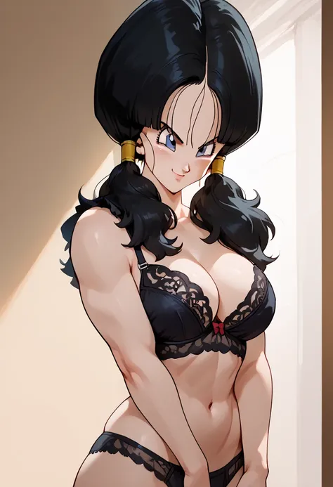 1 ,  alone, Dragon Ball Z seer,   shy smile,  big boobs,   perfect body,  sexy black lingerie,  black hair,  two ponytails ,