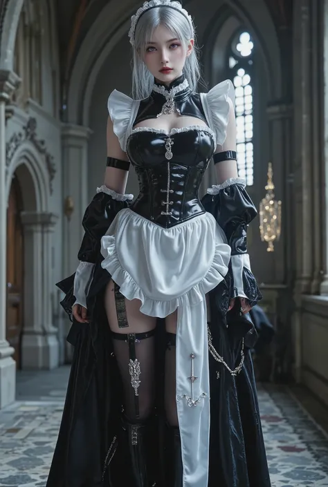 Young Cyborg Beauty ,( black and white gothic maid outfit, long skirt with low skin exposure, corsets , black tights, Black Boots ),( Silver Hair, Shoulder-length hair in images , purple eyes, half-closed eyes , unusual suspicious feelings:1.3,Black...