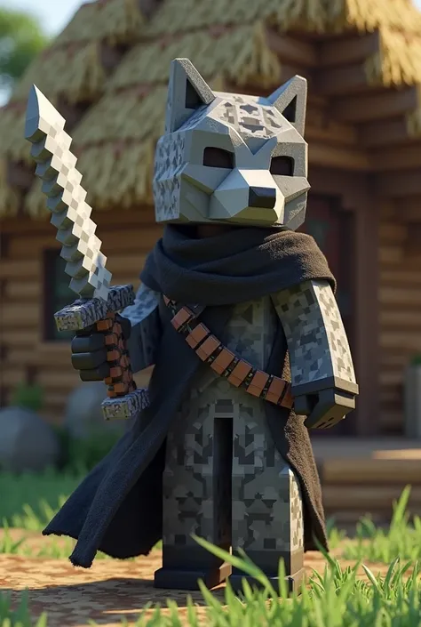 Create the image of a player with a Minecraft constructor skin and loaded next to a cabin all in Minecraft with the player wearing a skin that has a wolf mask and a black robe holding a sword 