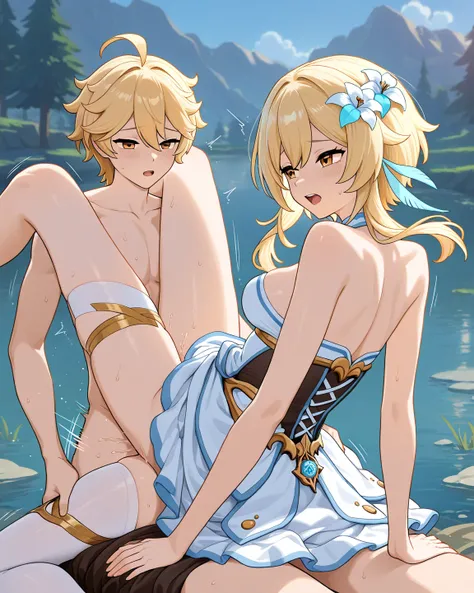 A small town by the river, Lumine dressed in blonde hair golden eyes Genshin Impact and boy Aether blonde hair having sex ,mountains in the background, white flowers 