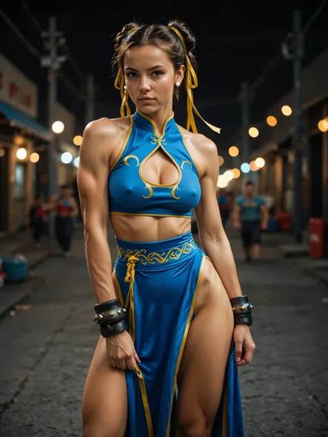 masterpiece, best quality, amazing quality, realistic, Street fighter, Chun-Li, cleavage, posing, (looking at viewer:1.3), black background , depth of field, bokeh, cinematic shot