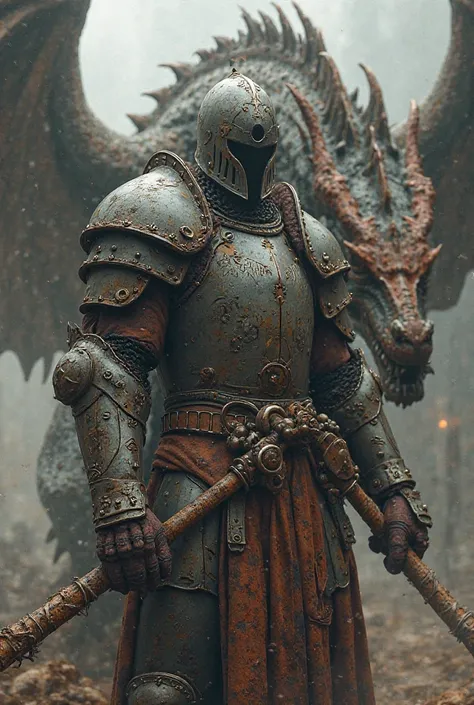 Create a role-playing character that is a Steam Punk knight who kills dragons while holding one larger than the, He wears a rusty and very used, full body armor where you can't see his face and some gloves where he has runes on them.