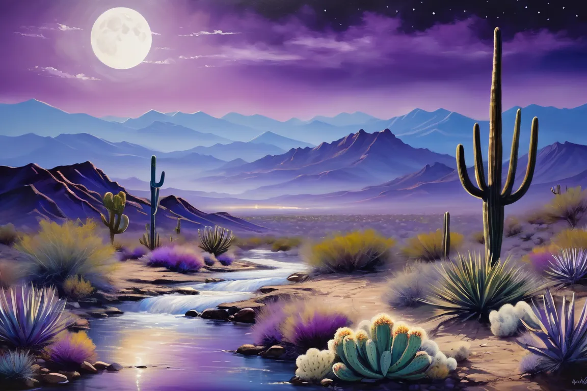 Masterpiece, Award Winning, Best Quality, UHD, High Quality,  Craft an acrylic painting of a misty desert scene at night under a full moon with a few clouds and a stream, integrating layers of purples and whites. The composition should be captivating and t...