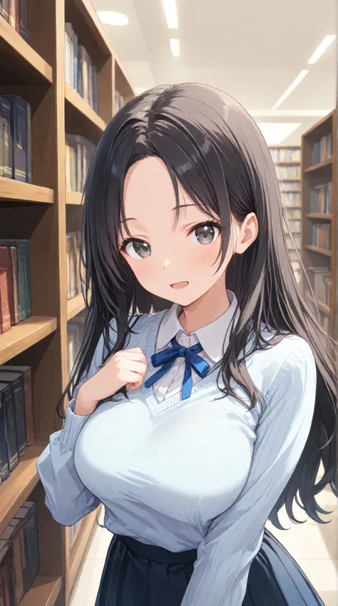 
masterpiece,large breasts, long hair, (black hair) , bangs, （1girl1.5）,  blue ribbon、（ 1.5）, 18 years old、breast focus、looking at viewer，Whole Head , a sweater and skirt. an excited expression、relaxed、 Libraries 