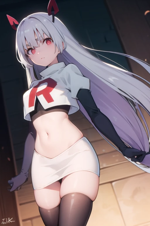 tsukuyoinaba, tsukuyo inaba, long hair, hair ornament, twintails, very long hair, purple hair, thick eyebrows, (red eyes:1.5),
BREAK team rocket,team rocket uniform,white skirt,red letter R,crop top,black thigh-highs,black elbow gloves,
BREAK looking at vi...