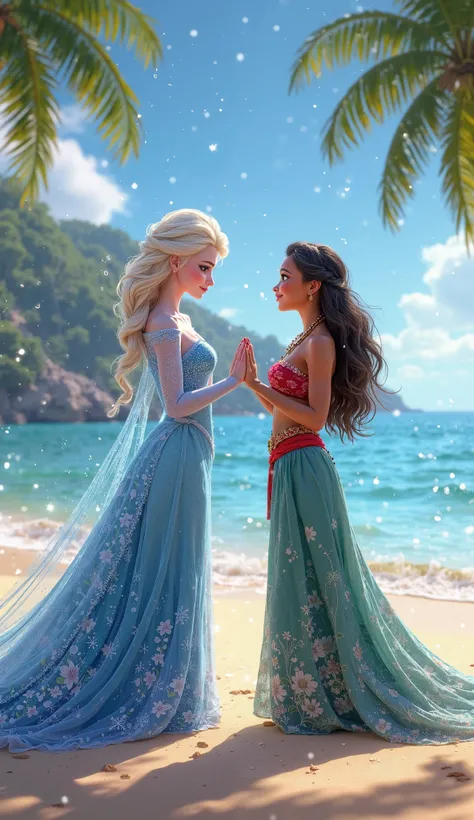 elsa and moana holding hands in the beach